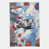 Boston Terrier Kerstfeest Sneeuwlandschap Theedoek (Verticaal)