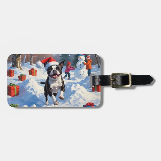 Boston Terrier Kerstfeest Sneeuwscène Bagagelabel (Voorkant horizontaal)