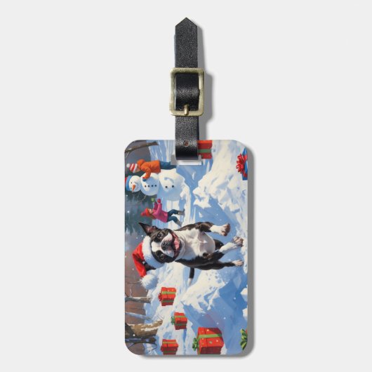 Boston Terrier Kerstfeest Sneeuwscène Bagagelabel (Voorkant verticaal)