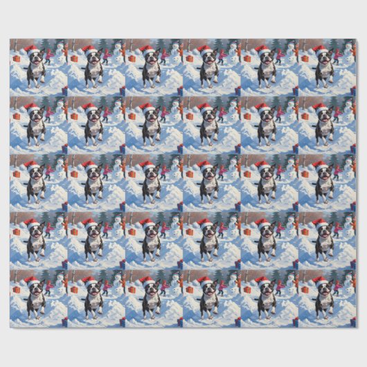 Boston Terrier Kerstfeest Sneeuwscène Cadeaupapier (Vlak)