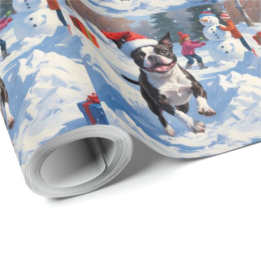 Boston Terrier Kerstfeest Sneeuwscène Cadeaupapier (Rol Hoek)