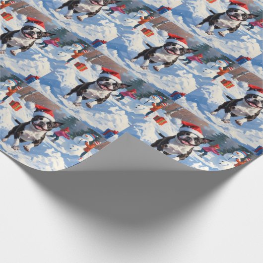 Boston Terrier Kerstfeest Sneeuwscène Cadeaupapier (Hoek)