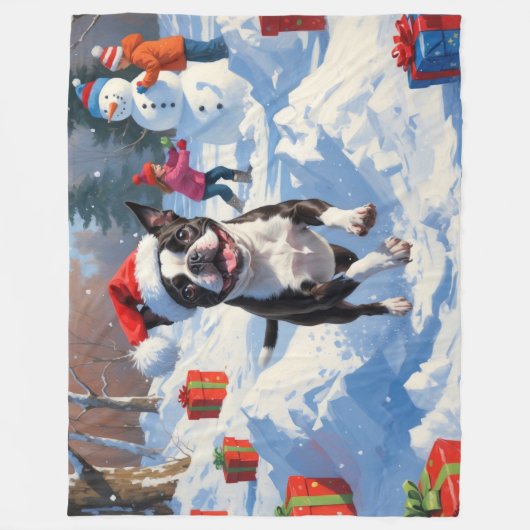 Boston Terrier Kerstfeest Sneeuwscène Fleece Deken (Voorkant)