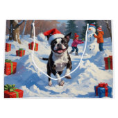Boston Terrier Kerstfeest Sneeuwscène Groot Cadeauzakje (Voorkant)