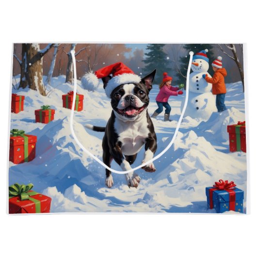 Boston Terrier Kerstfeest Sneeuwscène Groot Cadeauzakje (Voorkant)