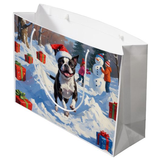 Boston Terrier Kerstfeest Sneeuwscène Groot Cadeauzakje (Achterkant Gekanteld)