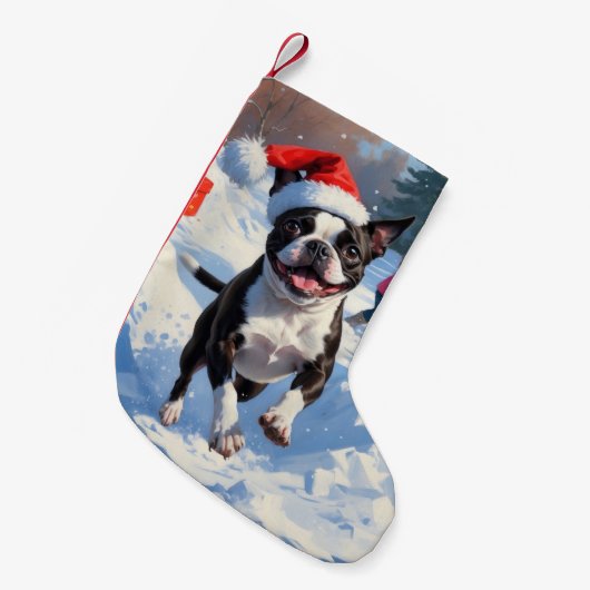 Boston Terrier Kerstfeest Sneeuwscène Kleine Kerstsok (Voorkant (Hangend))
