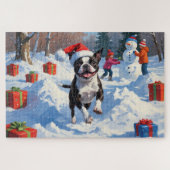 Boston Terrier Kerstfeest Sneeuwscène Legpuzzel (Horizontaal)