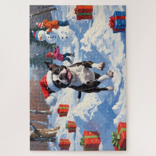Boston Terrier Kerstfeest Sneeuwscène Legpuzzel (Verticaal)