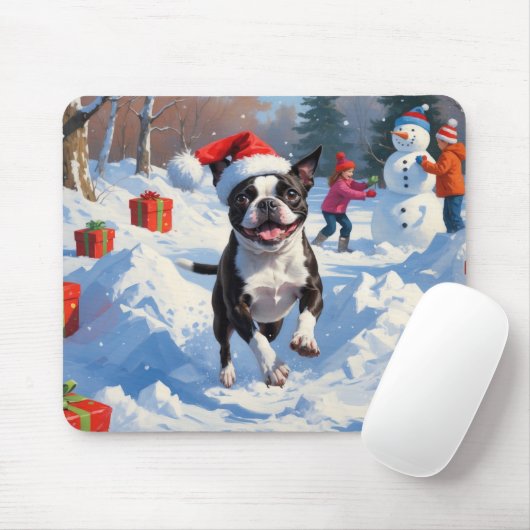 Boston Terrier Kerstfeest Sneeuwscène Muismat (Met muis)