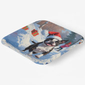 Boston Terrier Kerstfeest Sneeuwscène Papieren Bordje (Gebogen)
