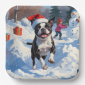 Boston Terrier Kerstfeest Sneeuwscène Papieren Bordje (Voorkant)