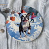 Boston Terrier Kerstfeest Sneeuwscène Ronde Button 6,0 Cm (In situ)