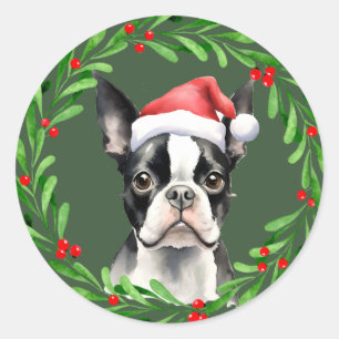 Boston Terrier Kersthond Puppy Mailing Ronde Sticker