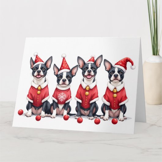 Boston Terrier Kerstjurk Kerstman Hoed Kaart (Voorkant)