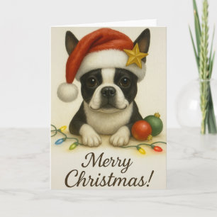 Boston Terrier Kerstkaart – Pup met Santa Hoed Kaart