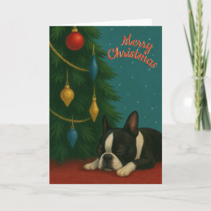 Boston Terrier Kerstkaart – Slapende Puppy Boom Kaart