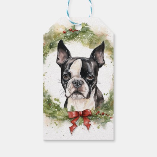 Boston Terrier Kerstkrans Feestelijke Pup Cadeaulabel (Achterkant)