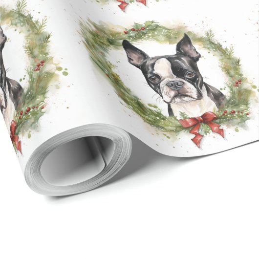 Boston Terrier Kerstkrans Feestelijke Pup Cadeaupapier (Rol Hoek)