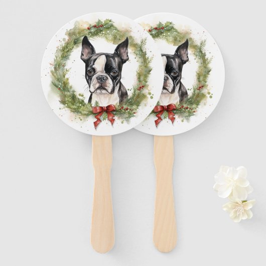 Boston Terrier Kerstkrans Feestelijke Pup Handwaaier (Voorkant en achterkant)