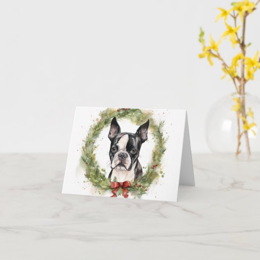 Boston Terrier Kerstkrans Feestelijke Pup Kaart (Gele Bloem)