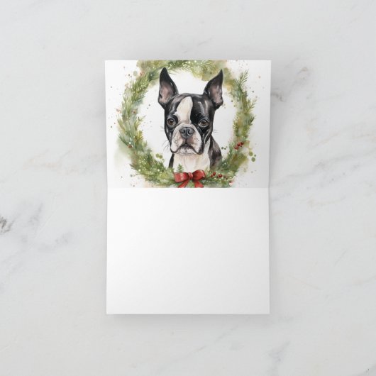 Boston Terrier Kerstkrans Feestelijke Pup Kaart (Binnen)