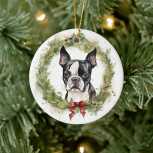 Boston Terrier Kerstkrans Feestelijke Pup Keramisch Ornament