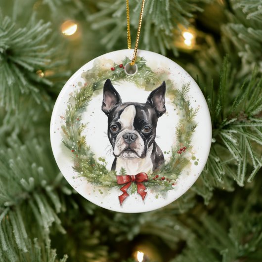 Boston Terrier Kerstkrans Feestelijke Pup Keramisch Ornament (Boom)