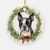 Boston Terrier Kerstkrans Feestelijke Pup Keramisch Ornament (Voorkant)