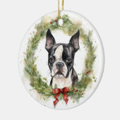 Boston Terrier Kerstkrans Feestelijke Pup Keramisch Ornament (Links)