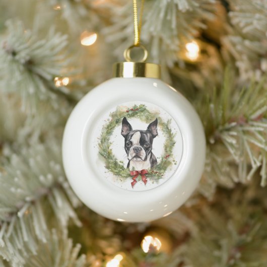 Boston Terrier Kerstkrans Feestelijke Pup Keramische Bal Ornament (Boom)