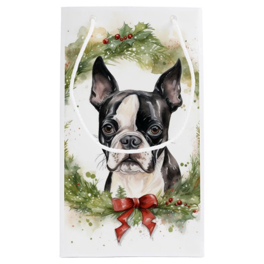 Boston Terrier Kerstkrans Feestelijke Pup Klein Cadeauzakje (Achterkant)