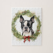 Boston Terrier Kerstkrans Feestelijke Pup Legpuzzel (Verticaal)