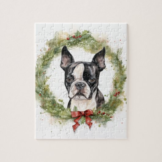 Boston Terrier Kerstkrans Feestelijke Pup Legpuzzel (Verticaal)