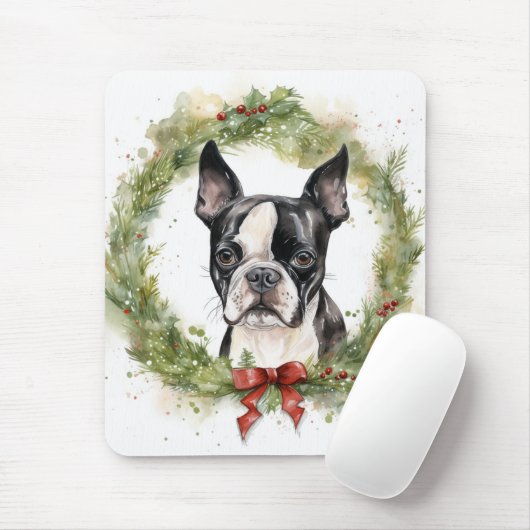 Boston Terrier Kerstkrans Feestelijke Pup Muismat (Met muis)