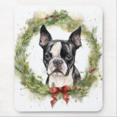Boston Terrier Kerstkrans Feestelijke Pup Muismat (Voorkant)