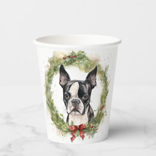 Boston Terrier Kerstkrans Feestelijke Pup Papieren Bekers (Voorkant)