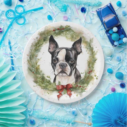 Boston Terrier Kerstkrans Feestelijke Pup Papieren Bordje (Feest)
