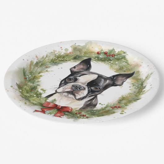 Boston Terrier Kerstkrans Feestelijke Pup Papieren Bordje (Gekanteld)