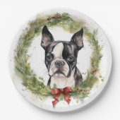Boston Terrier Kerstkrans Feestelijke Pup Papieren Bordje (Voorkant)