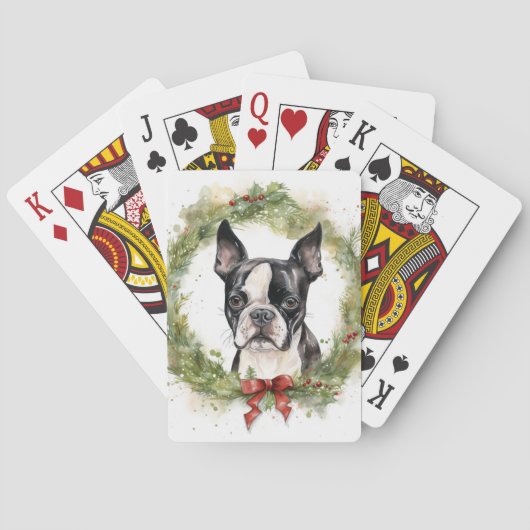 Boston Terrier Kerstkrans Feestelijke Pup Pokerkaarten (Achterkant)