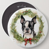 Boston Terrier Kerstkrans Feestelijke Pup Ronde Button 6,0 Cm (Voorkant /achterkant)