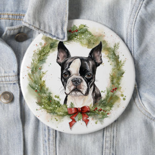 Boston Terrier Kerstkrans Feestelijke Pup Ronde Button 6,0 Cm