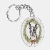 Boston Terrier Kerstkrans Feestelijke Pup Sleutelhanger (Voorkant Links)