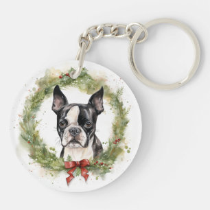 Boston Terrier Kerstkrans Feestelijke Pup Sleutelhanger
