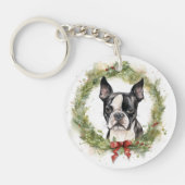 Boston Terrier Kerstkrans Feestelijke Pup Sleutelhanger (Voorkant)