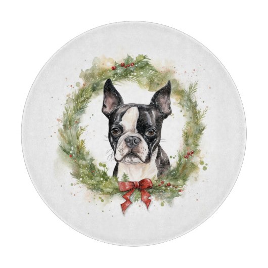Boston Terrier Kerstkrans Feestelijke Pup Snijplank (Voorkant)