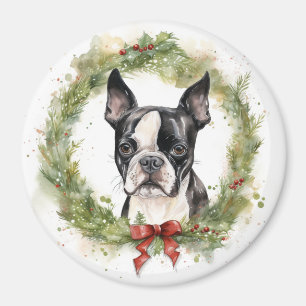 Boston Terrier Kerstkrans Festieve Puppy  Magneet
