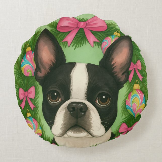 Boston Terrier Kerstkussen Rond Kussen (Achterkant)
