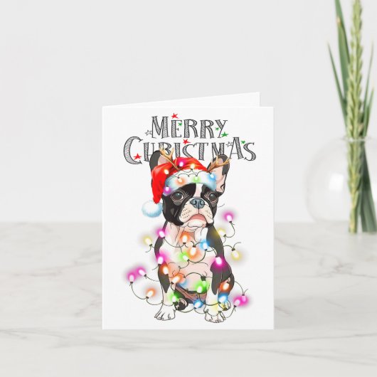 Boston Terrier Kerstlichten Xmas Hond Kaart (Voorkant)